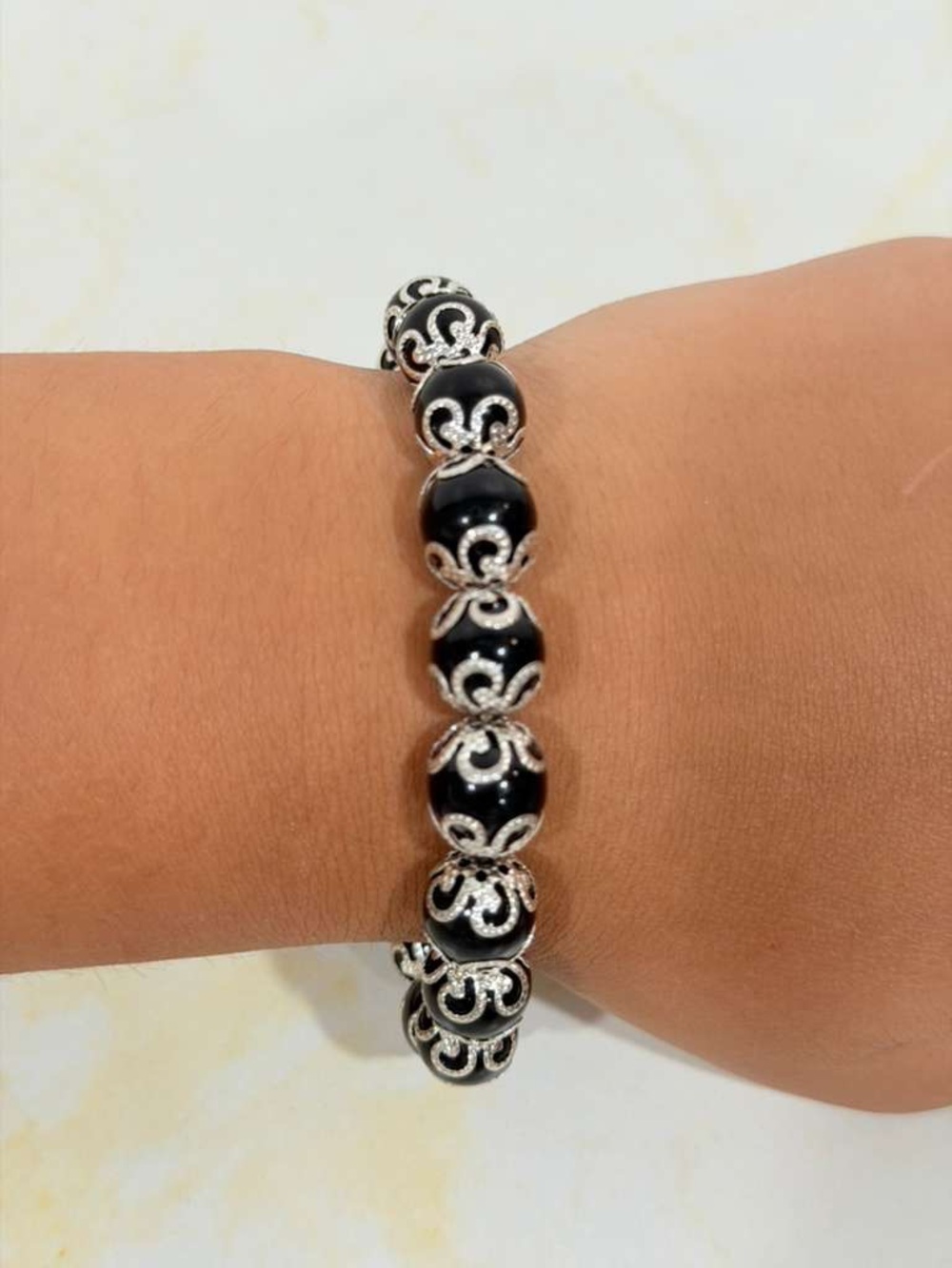 Elegant Black Pearl & Silver Filigree Bracelet - Women Jewelry- STACKABLE
